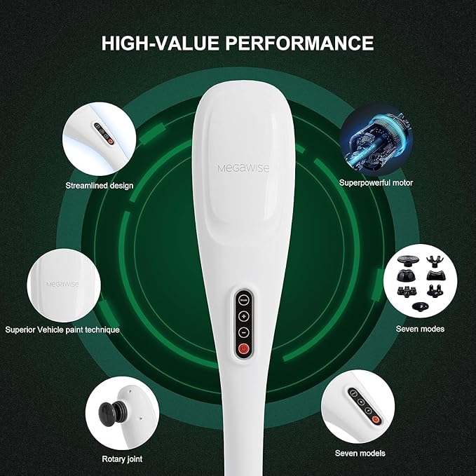 MEGAWISE Cordless Back Massager for Shoulders, Waist, Legs, Rechargeable 3200mAh Battery, 5 Speed and 5 +2 Massage Nodes 5 Hard, 2 Silicone Nodes, Massage While Moving Around (Off White Cordless)
