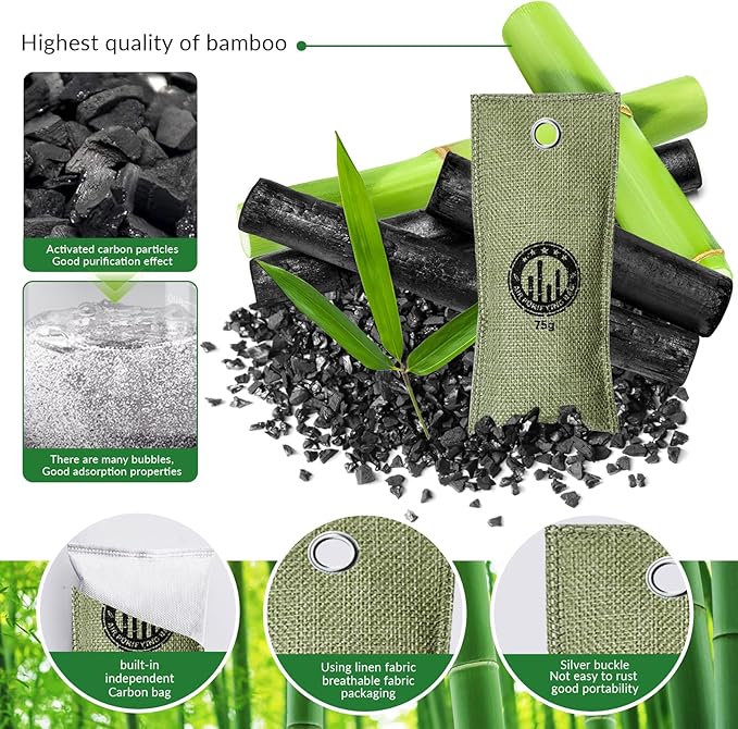 4 Pack charcoal odor absorber,Bamboo Charcoals Air Purifying Bag Charcoals Deodorizer Eliminator for Strong Odors in Car, Closet, Shoe, Basement (75G*4 Pack Green, Unscented)