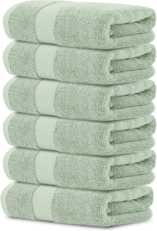White Classic Luxury Hand Towels for Bathroom-Hotel-Spa-Kitchen-Set - Circlet Egyptian Cotton - 16x30 Inches - Set of 6 (Lt-Green)