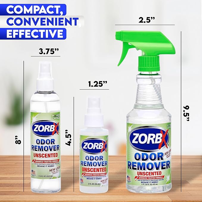 ZORBX Unscented Odor Eliminator for Strong Odor 3 items Bundle: 16 Oz + 7.5 Oz + 2 Oz - Used in Hospitals & Healthcare Facilities - Fast-Acting Odor Remover Spray for Dog, Cat, House & Carpet