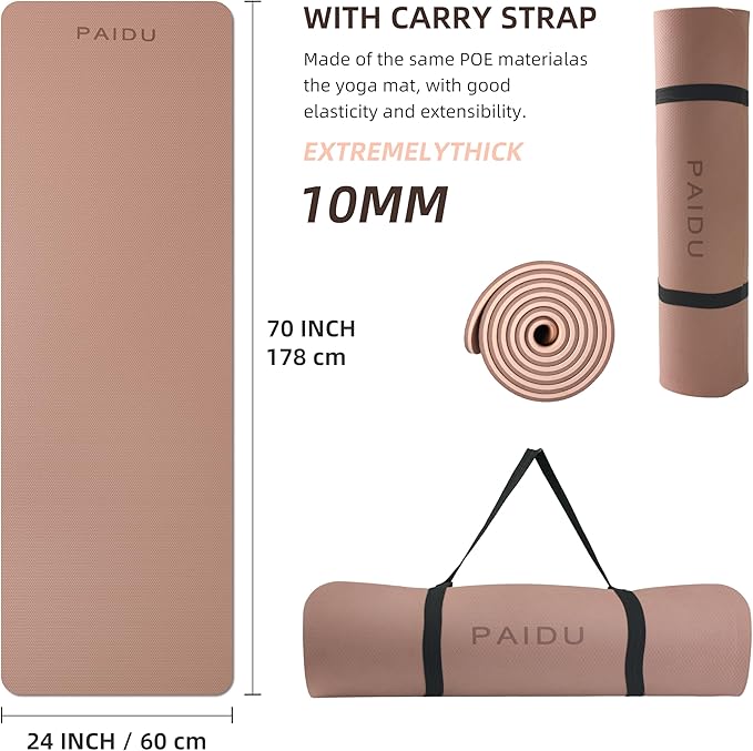 Yoga Mat Non Slip Anti-tear,extra thick-2/5 inch(10MM)High Resiliency Professional POE Yoga Mats for Women Men Kids,72"x24"inch,Workout, Yoga, Pilates and Floor Exercise, with Carrier Strap