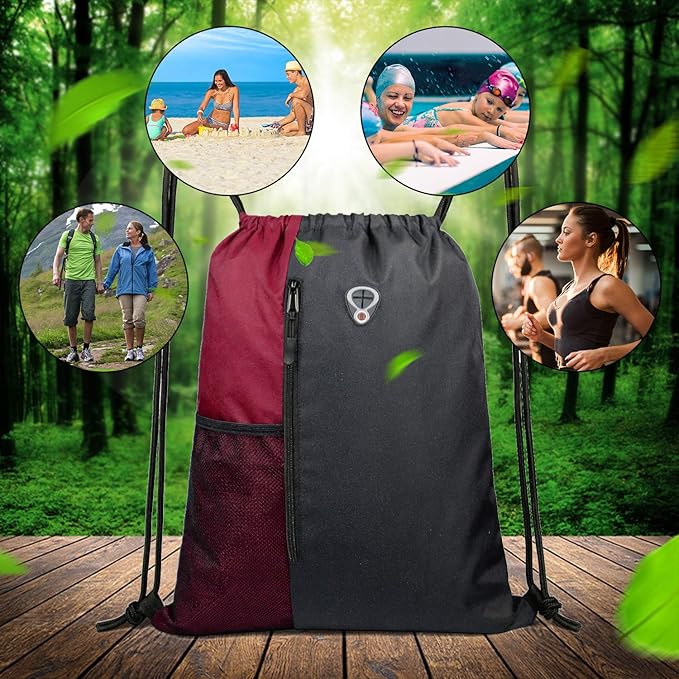 BeeGreen Maroon Drawstring Backpack Sports Gym Bag for Women Men Large String Backpack With Zipper and Water Bottle Mesh Pockets Cinch Sack Workout Bag, 16" x 20"