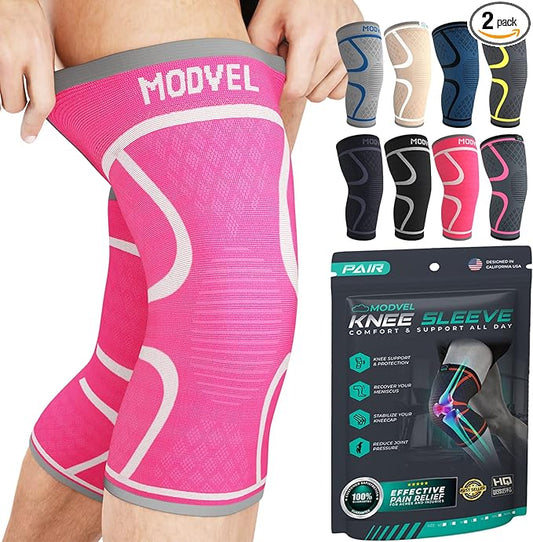 Modvel 2 Pack Knee Brace for Women & Men - Workout Knees Compression Sleeve for Knee Pain Relief Joint Support for ACL, Arthritis, Meniscus Tear Knees Brace for Sports, Rodilleras para Gym Fitness