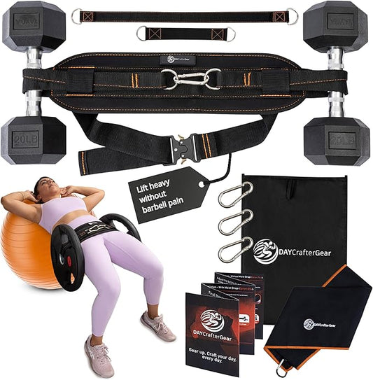 Hip Thrust Belt for Weights, Dumbbells & Kettlebells – Heavy Duty Glute Workout Equipment for Plates up to 300 lbs, with bonus straps for Dips & Squat Belt for Home & Gym