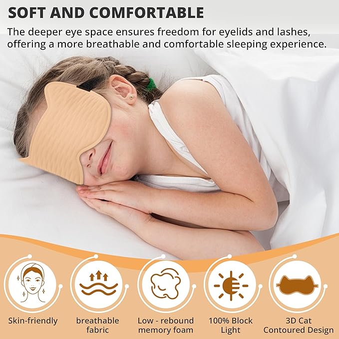 3D Kids Sleep Eye Mask: 3D Contoured Cup Sleeping Masks, Blindfold Sleep Eye Cover with Adjustable Strap, Memory Foam Lightweight Night Eyeshade for Boys Girls Teens (Orange)