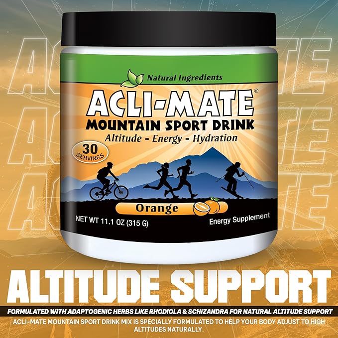 Acli-Mate Mountain Sport Drink Mix - High Altitude Acclimatization Electrolyte Powder - Energy Powder Mix - Recovery Hydration Drink for Running, Hiking, Cycling, Hunting, Skiing & More (1 Tub,Orange)