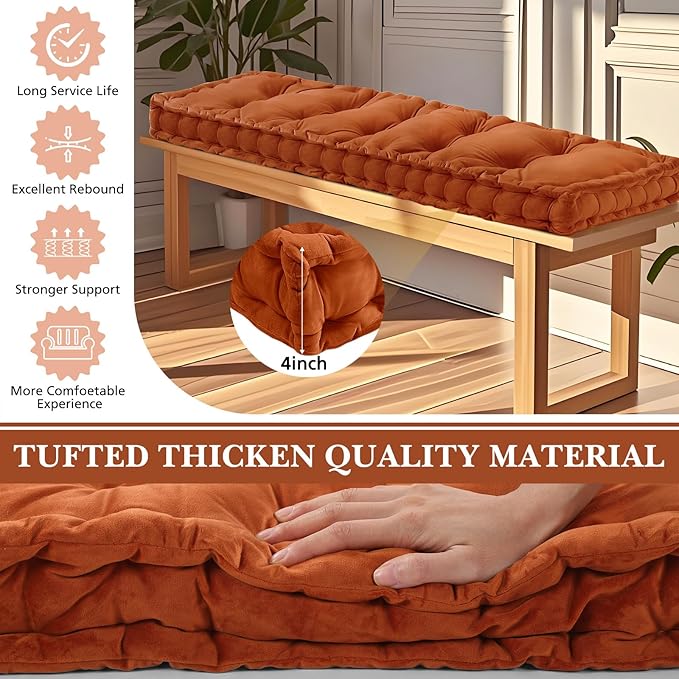 Bench Cushions for Indoor Furniture 42x16 in Velvet Kitchen Dining Piano Window Seat Cushion, Tufted Patio Porch Swing Thicken Bench Pad Memory Foam(Cinnamon)