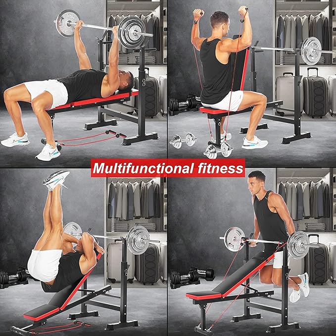OPPSDECOR 600LBS 6 in 1 Weight Bench Set, Adjustable Bench Press Set and Squat Rack, Foldable Workout Benches for Home Gym, Incline Decline Flat Sit Up Strength Training Bench