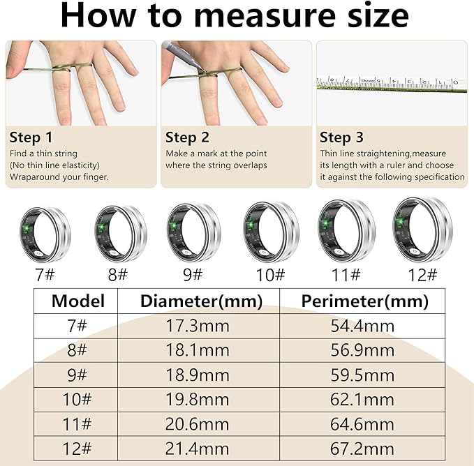 Thin Smart Ring for Fitness & Health Tracking -Pedometer,Sleep/Heart Rate/Blood Oxygen Monitor, Gesture Control / 5ATM Waterproof -No APP Subscription Compatible with Smart Phone (Silver, 12)