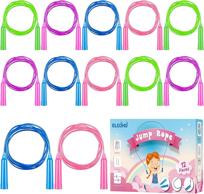 Elcoho 12 Pack Kids Jump Rope Set 7.5 Feet Plastic Jump Ropes Kids Adjustable Colorful Skipping Rope for Outdoor Indoor Fun Game Exercise Fitness Training and Party Favors