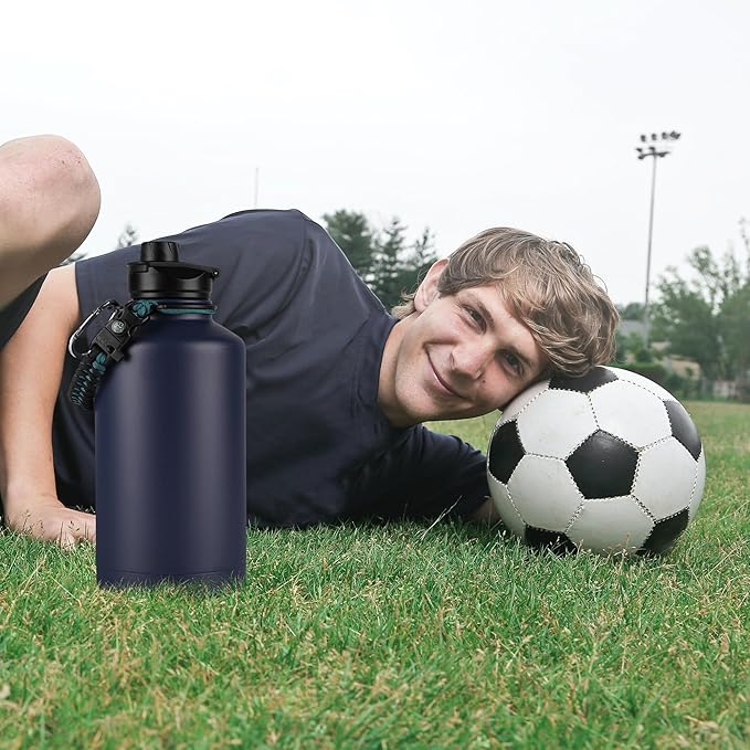 64 oz Insulated Water Bottle with Straw & Spout Lids, Stainless Steel Metal Half Gallon Water Jug with Paracord Handle, Double Wall Vacuum, Leakproof, Keep Drinks Cold & Hot, Navy