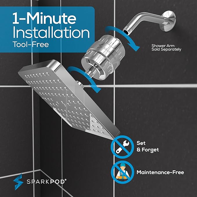 SparkPod Luxury Filtered Shower Head Set 23 Stage Shower Filter - Reduces Chlorine and Heavy Metals - High Pressure Showerhead Filter (8" Square, Luxury Polished Chrome)
