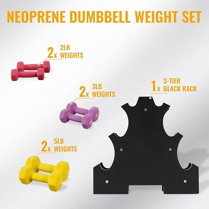 Colored Neoprene Dumbbell Set with Rack, Multiple Weight Options, 20LBS, 32LBS, 50LBS and 56LBS Sets