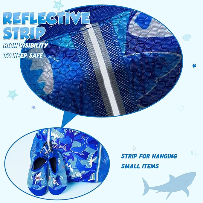 WAWSAM Kids Gym Drawstring Backpack String Bag, Shark Sports Gym Bag for Kids Boys Waterproof Swimming Beach String Cinch Backpack with Two Water Bottle Pocket