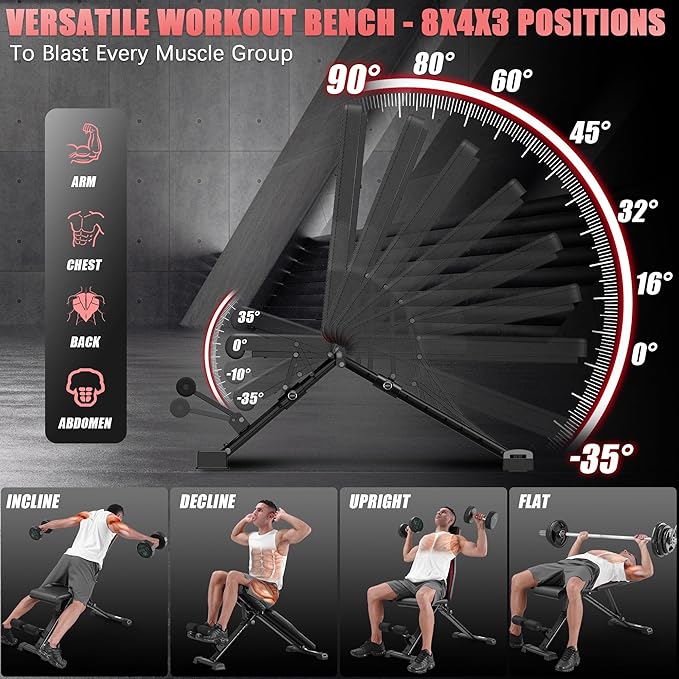 OPPSDECOR Adjustable Weight Bench, 900LBS Easy Assembly Fast Folding Workout Bench, Space Saving Weight Benches Incline Decline Flat Utility Bench Press Bench for Home Gym Strength Training