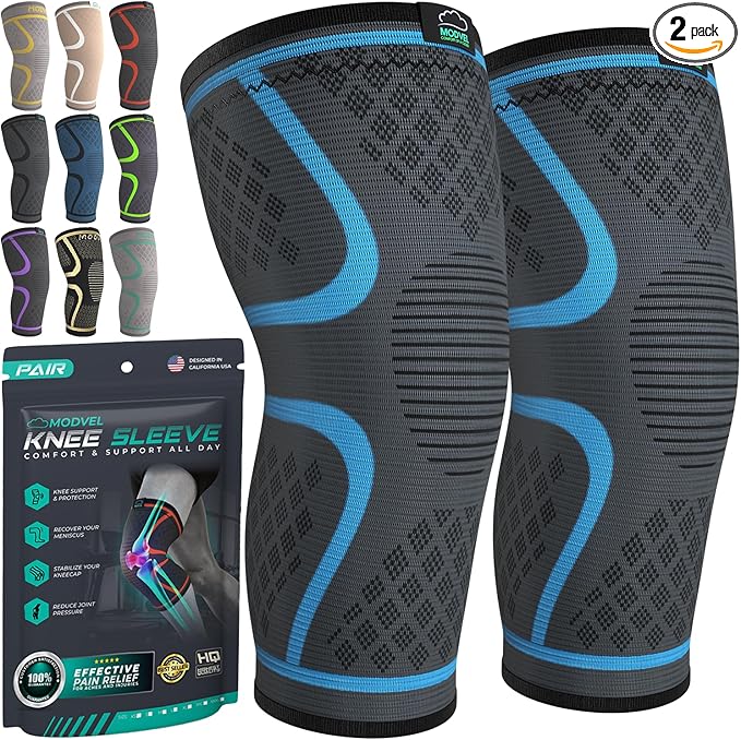 Modvel Compression Knee Brace for Women & Men - 2 Pack Knee Brace for Women Running Knee Pain, Knee Support Compression Sleeve, Workout Sports Knee Braces for Meniscus Tear ACL & Arthritis Pain Relief