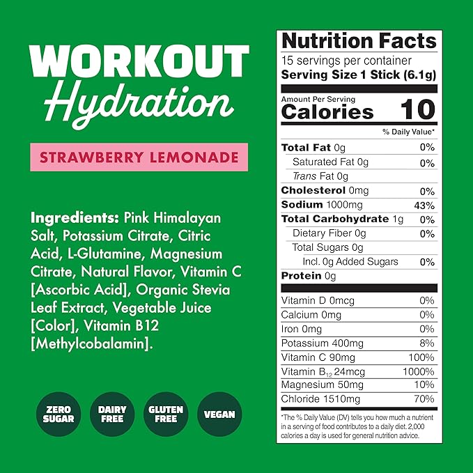 Waterboy Workout Hydration | 2,960mg Sugar Free Electrolyte Powder Packets | L-Glutamine + Vitamins | No Sugar, All Natural, Gluten Free | 15 Drink Stick Mixes (Strawberry Lemonade)