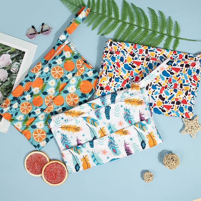 babygoal Wet Dry Bags for Baby Cloth Diapers, Washable Travel Bags, Beach, Pool, Gym Bag for Swimsuits & Wet Clothes with Two Zippered Pockets 3 Pack, 3LN21