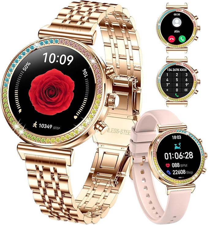 Fitness Smart Watch for Women, 1.27" HD Display, Bluetooth Calls, Waterproof Sports Women's Smartwatch, Heart Rate Monitor, Pedometer – Compatible with Android & iOS (Full Gold)