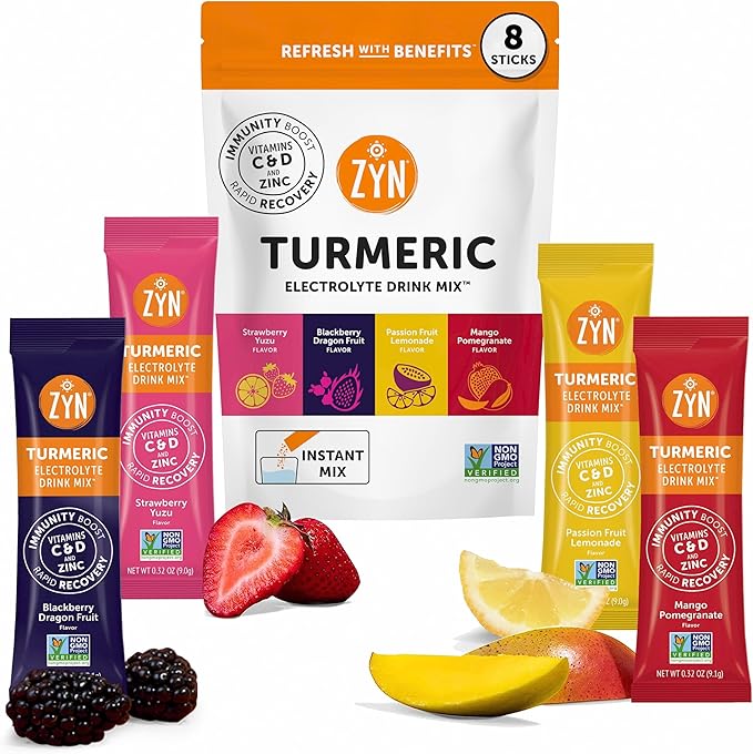 ZYN Electrolyte Drink Mix Hydration Packets, Electrolytes Powder, Hydration Packets w/Turmeric Curcumin, Vitamin C and D, Zinc, Hydrate Electrolyte Powder Packets for Wellness, Variety Pack of 8