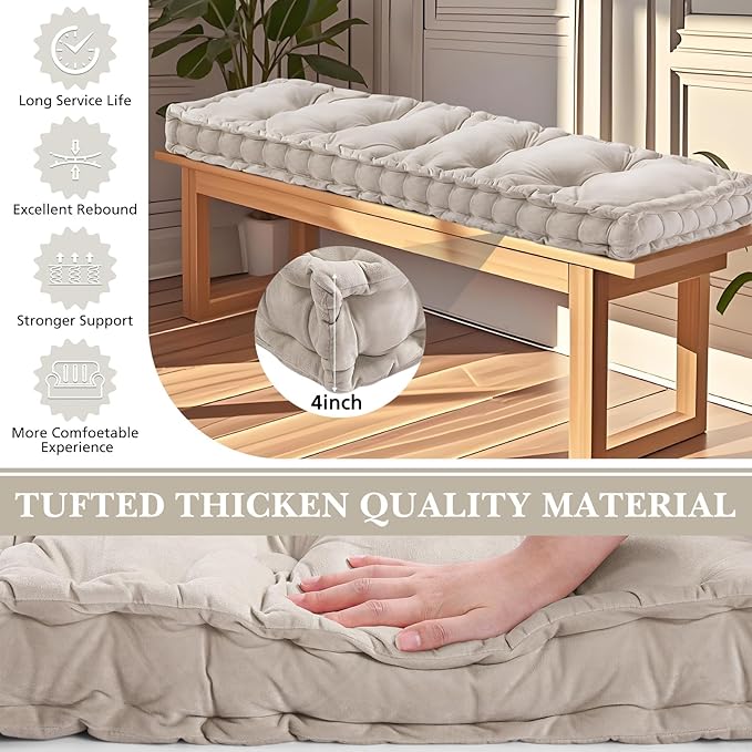 Bench Cushions for Indoor Furniture 36x14 in Velvet Kitchen Dining Piano Window Seat Cushion, Tufted Patio Porch Swing Thicken Bench Pad Memory Foam(Ivory White)