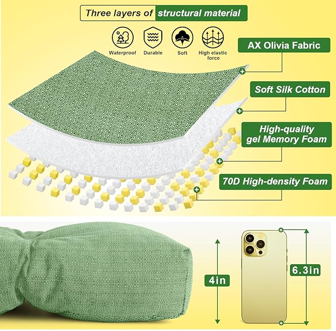Waterproof Bench Cushion 36 Inch - Oliven Fabric, High-Density Foam, Non-Slip Bottom, Soft Durable Outdoor Tufted Long Seat Cushion for Window Garden Furniture (Green, 36x14x4 Inch)