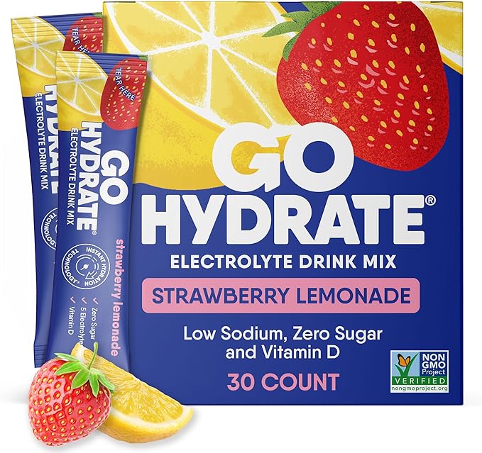 GoHydrate Instant Hydration Powder Packets - Low Sodium Electrolytes Drink Mix - Natural Hydration Support, Sugar Free Electrolyte Flavored Powder Drink with Vitamin D, 30 Packs, Strawberry Lemonade