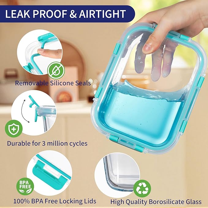 MFY 5-Pack 36 OZ Glass Storage Containers with Lids, Glass Meal Prep Containers Set, Airtight Lunch Containers with Lids, Microwave, Oven, Freezer and Dishwasher Safe, Green