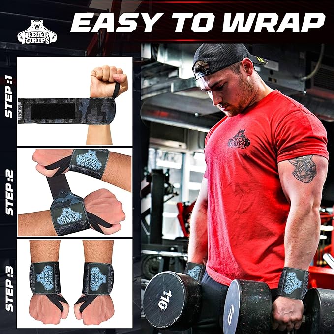 Bear Grips Wrist Wraps for Weightlifting | Weight Lifting Wrist Straps for Weightlifting | Extra Strength Gym Wrist Wraps | Two Wrist Wrap Per Pack | 12β & 18β | Lifting Wrist Wraps for Men & Women