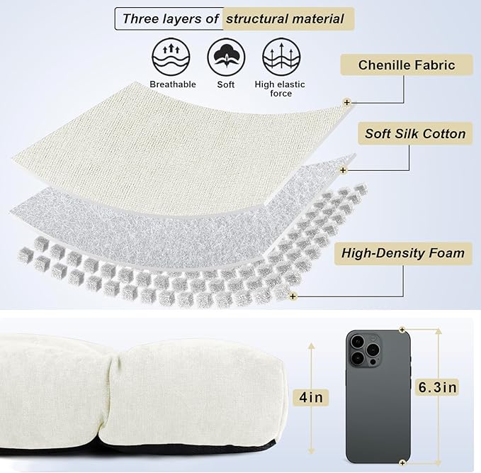 Bench Cushion 48 Inch - Chenille, High-Density Memory Foam, Non-Slip Bottom, Soft Durable Indoor Tufted Long Seat Cushion for Window Garden Furniture (White, 48x16x4 Inch)