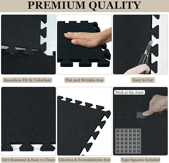 BXI Puzzle Exercise Mat 24 Pcs, 11 x 11 x 0.32 inches, High Density Noise Reduction Puzzle Felt Rug Mat, Non Slip Interlocking Floor Tiles for Workout, Gymnastics and Home Gym Protective Flooring