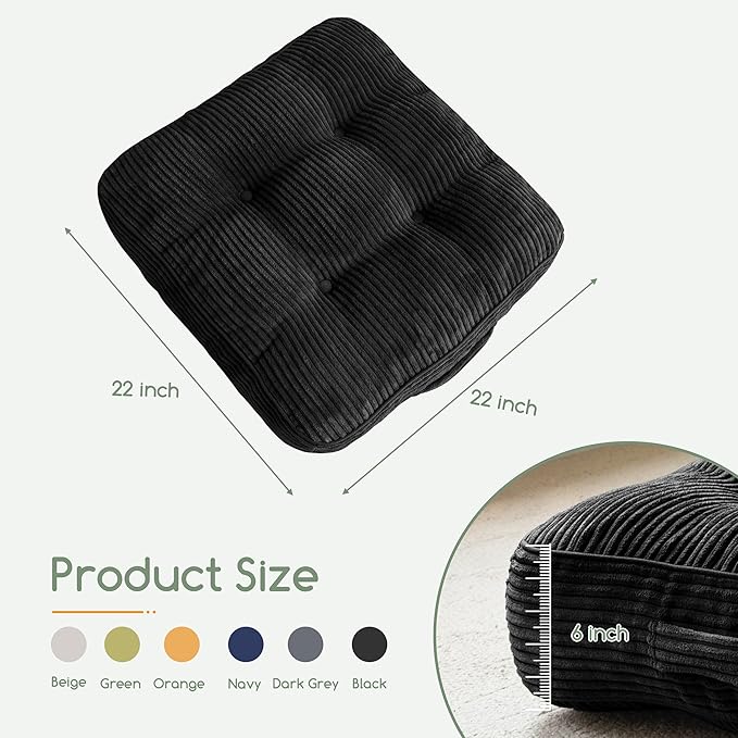 6" Washable Floor Pillow Cushion for Adults, Meditation Cushion Pillow, Large Square Floor Sitting, Removable Tufted Corduroy Cover, for Tatami Living Room or Yoga, 22x22 Inch, Machine Washable