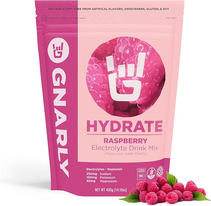 Gnarly Nutrition Hydrate Electrolyte Powder – Raspberry Exercise Hydration Drink Mix – NSF Contents Certified – Electrolyte Solution, Performance & Recovery – Raspberry, 14.10 oz