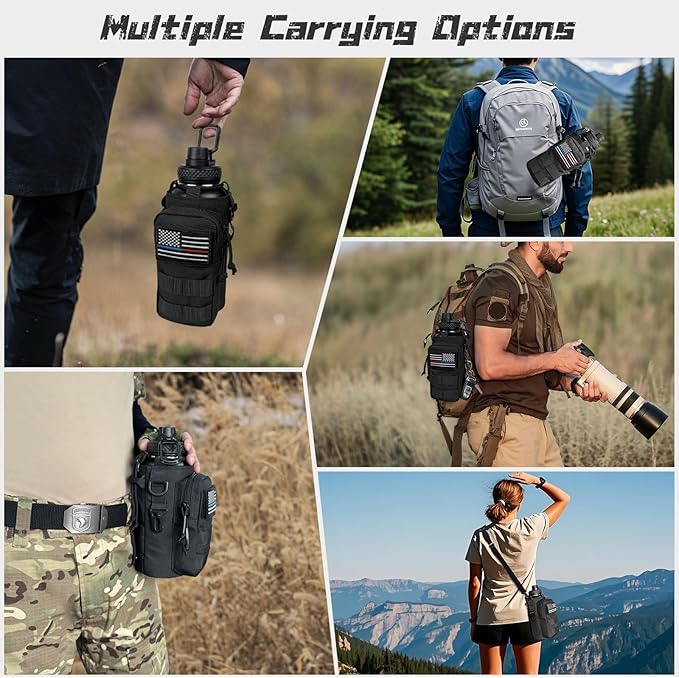 32 Oz Insulated Water Bottle - Stainless Steel Metal Military Black Water Jug with Sleeve, Gym Water Bottles for Men Sports Workout Hiking with Black Water Bottle Pouch