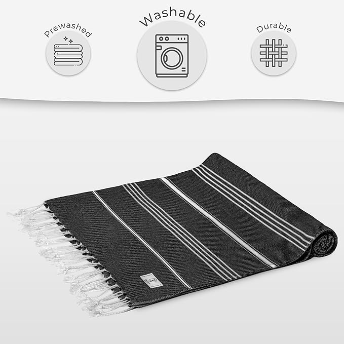 Turkish Beach Towel Absorbent & Quick Dry Oversized (39" x 71") - Decorative, Versatile and Functional as Yoga Mat, Beach Blanket, Bath, Travel, Airplane and Gym Towel - Black