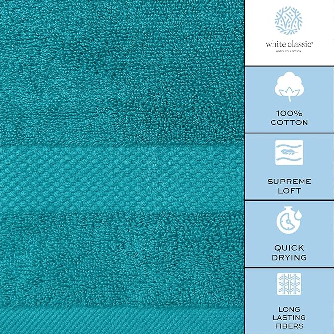 White Classic Luxury Hand Towels | Cotton Hotel spa Bathroom Towel | 16x30 | 6 Pack | Aqua