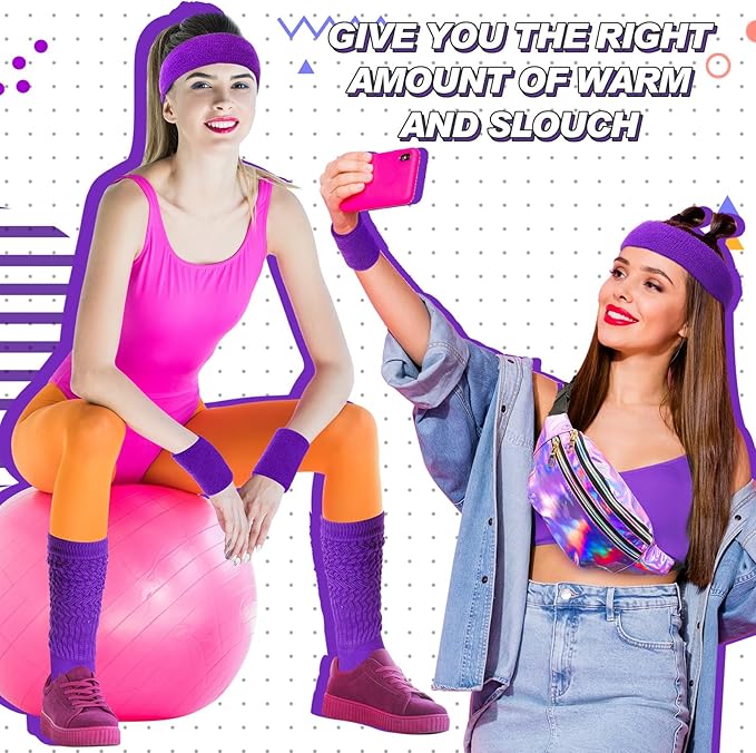 Tarpop 80s Neon Women Slouch Socks 90s Headbands Wristbands Fanny Pack Leg Warmers Sweatbands Waist Bag Women Party Costume