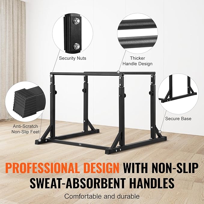 VEVOR Dip Bar, 800 lbs Capacity, Heave Duty Dip Stand Station with Adjustable Height, Fitness Workout Dip Bar Station Stabilizer Parallette Push Up Stand, Parallel Bars for Strength Training Home Gym