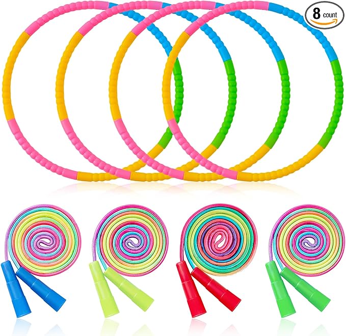 8 Pcs Toy Hoop and Jump Rope Set for Kids Include 4 Skipping Rope and 4 Detachable Weight Size Hoop Gymnastic Fitness Exercise Gift Equipment