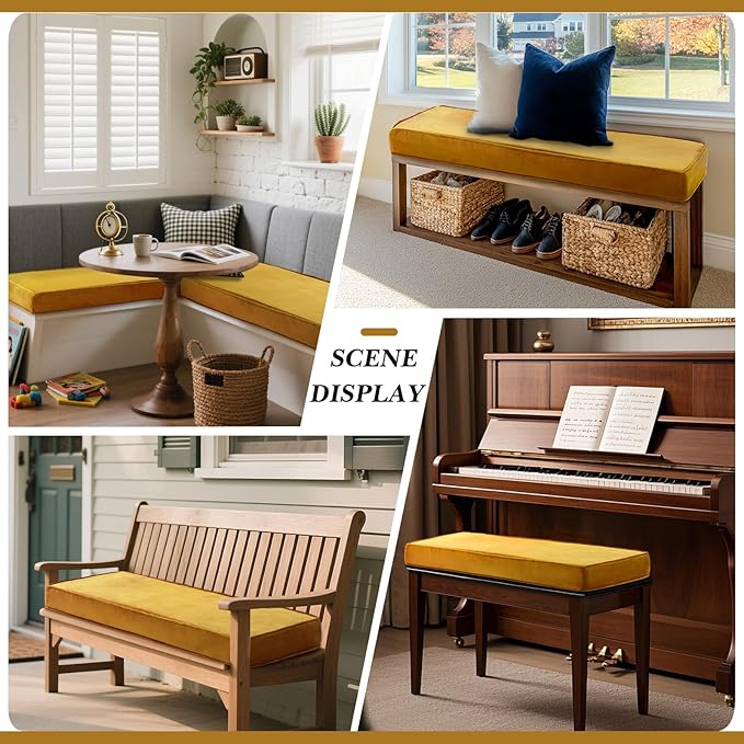 Wenqik Bench Cushions 42x16x4 Inch Window Seat Cushions for Indoor Furniture Velvet Kitchen Dining Bay Seat Tufted Porch Swing Thicken Bench Pad Memory Foam(Yellow)
