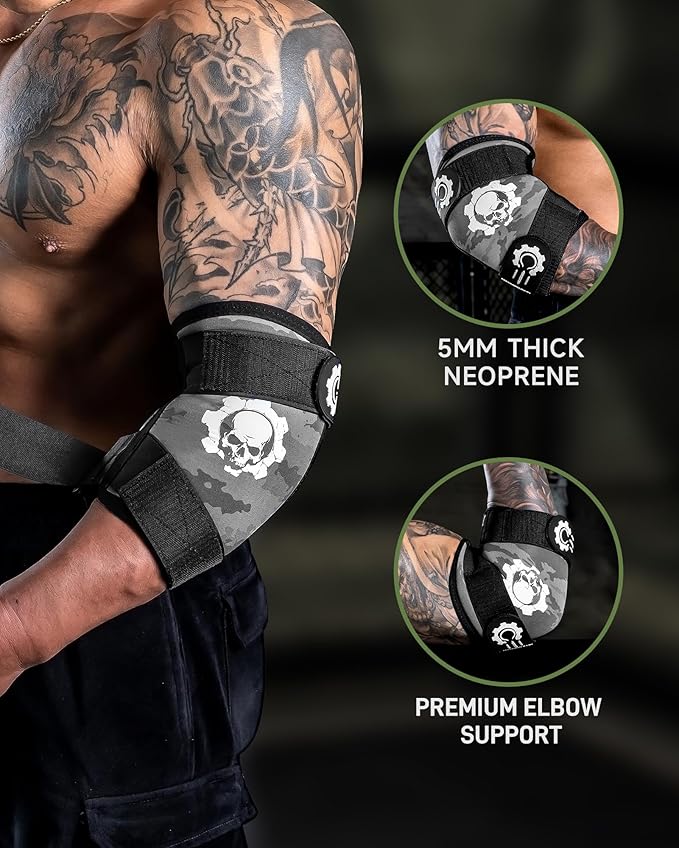 MANUEKLEAR 5mm Neoprene Weight Lifting Elbow Sleeves for Men (1 Pair), Elbow Sleeves Weightlifting Men with 2 Adjustable Compression Straps for Bench and Powerlifting & Weightlifting