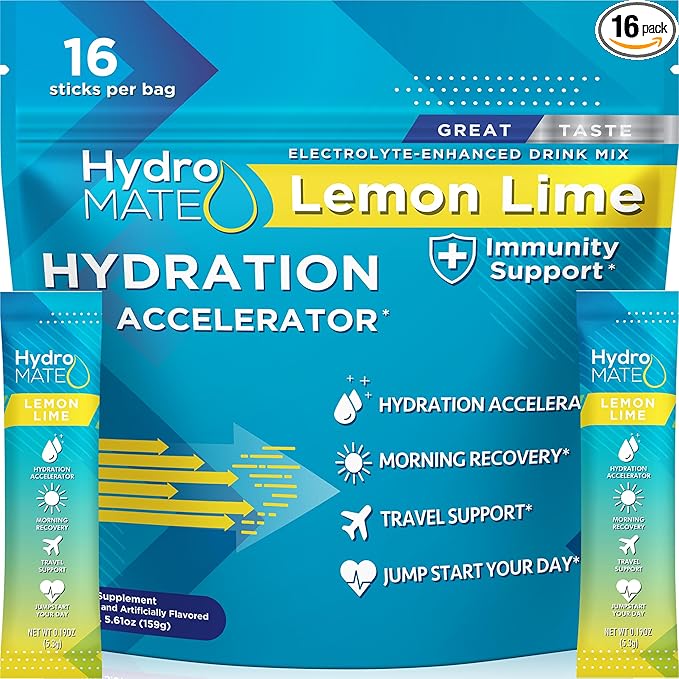 HydroMATE Electrolyte Powder Lemon Lime Hydration Packets Low Sugar 16 Count