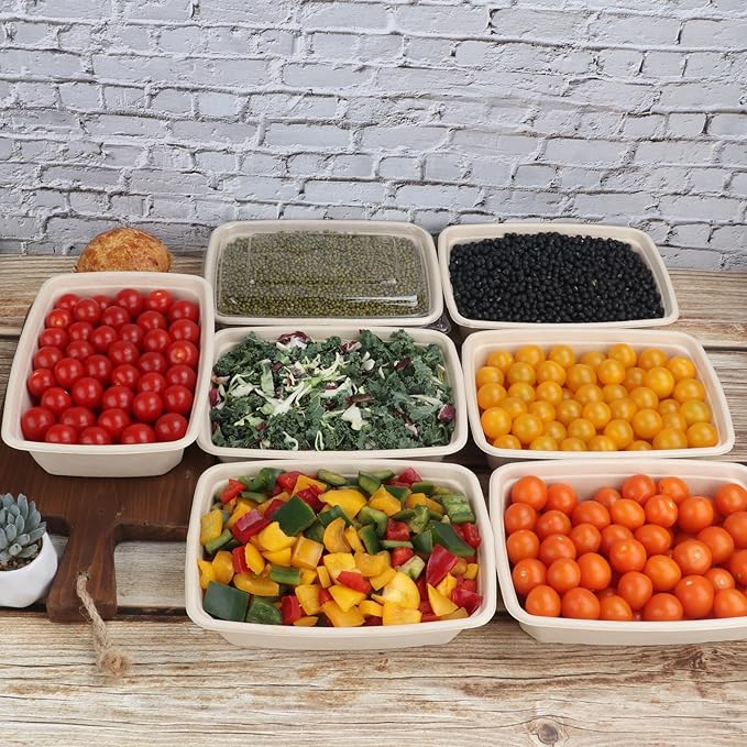 40 oz Rectangle Disposable salad bowls with lids, Sugarcane Fibers Bowls take away food containers Plant Fibers Freezer Safe 50 Pack