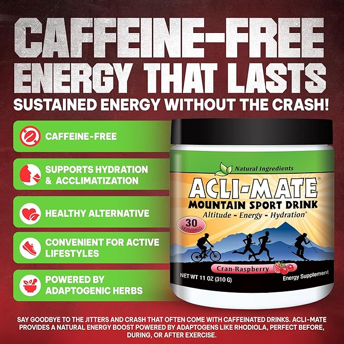 Acli-Mate Mountain Sport Drink Mix - High Altitude Acclimatization Electrolytes Powder - Energy Powder Mix - Recovery Hydration Drink for Running, Hiking, Cycling, Travel & More (1 Tub, CranRaspberry)