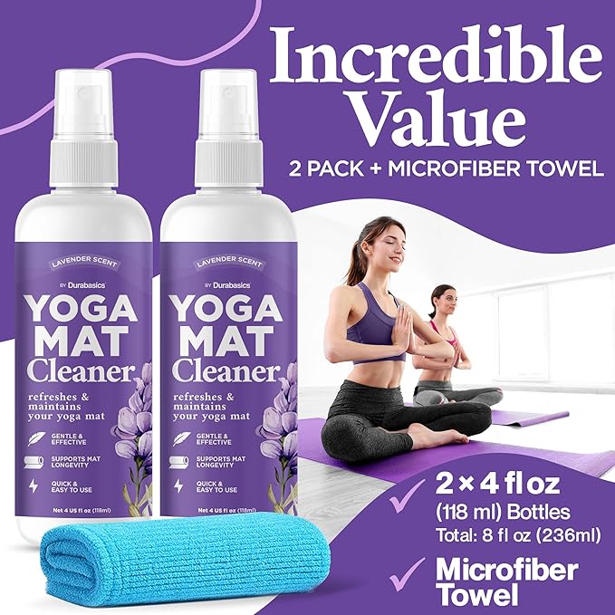 Durabasics Yoga Mat Cleaner Spray – Lavender Scent – 2 Pack (4 oz Each) with Microfiber Towel – Mat Spray Cleaner for Sweat & Odor – Quick-Dry, No Rinse Formula for Gear & Gym Equipment