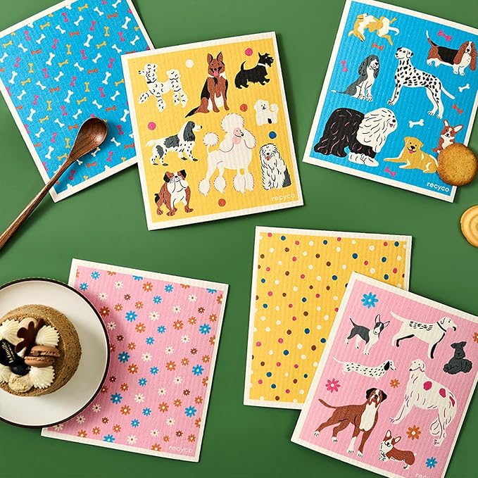 RECYCO Swedish Dishcloths for Kitchen | 6 Pack Doggy Daydreams Washable Dish Rags | Cellulose Reusable Cleaning Paper Towels | Absorbent Counter Dish Cloth Sponge Kitchen Wipes, 8" L x 7" W