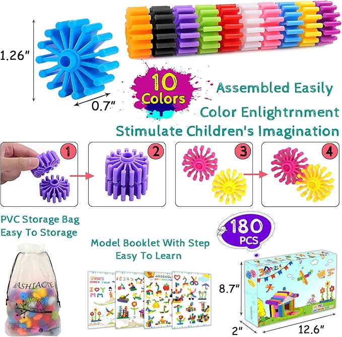 Gears Interlocking Learning Set, STEM Construction Toy Set - Building Kids Toys 180 Pcs - 10 Colors