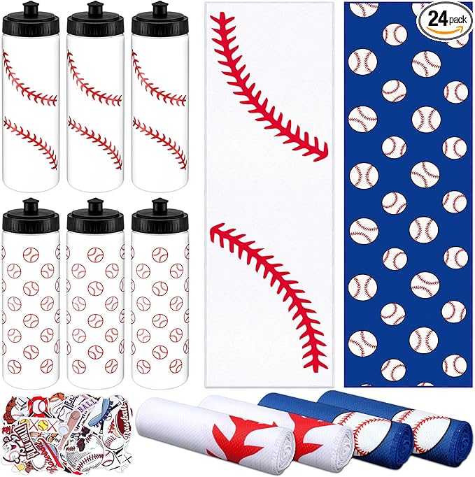 24 Pcs Baseball Water Bottle Baseball Cooling Towel Set with 50 Sticker Sports Party Favors Include 6 Reusable Sports Squeeze Water Bottle 6 Ice Towel Breathable Fast Drying for Team Gifts