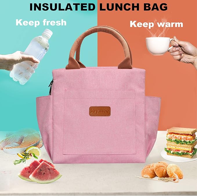 Joymee Lunch Bag Women Insulated Lunch Box Reusable Leakproof Large Spacious Cooler Tote for Womens Mens Adults with Bottle Holder and Side Pockets for Work Office Travel Picnic - Light Pink