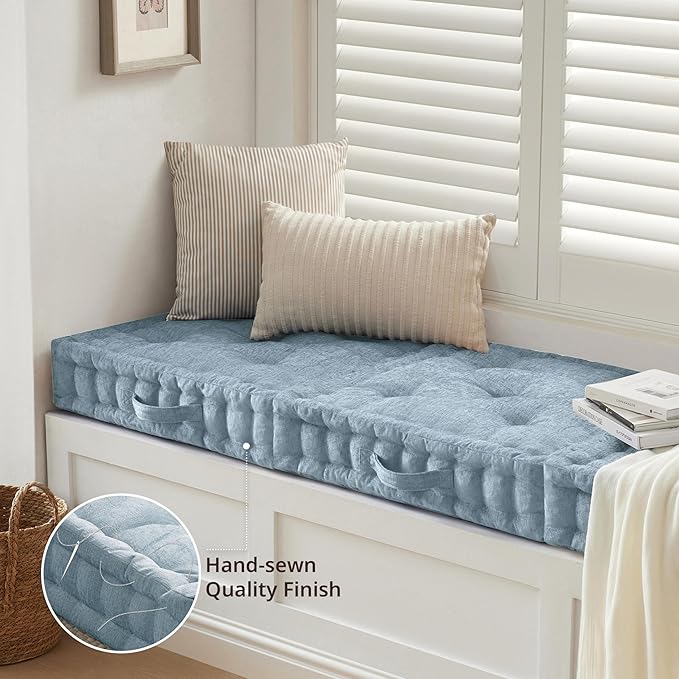 Intelligent Design Large Floor Pillow for Adults Yoga or Meditation Cushion with Handle, Floor Cushion for Board Games, Lustrous Chenille Tufted, Handsewn Scalloped Edge, Azza, 24" x 24" x 5" Aqua